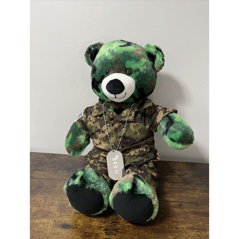 Build A Bear Teddy Camo Army Outfit Dog Tags BAB Stuffed Animal 16" w/Dino Noise